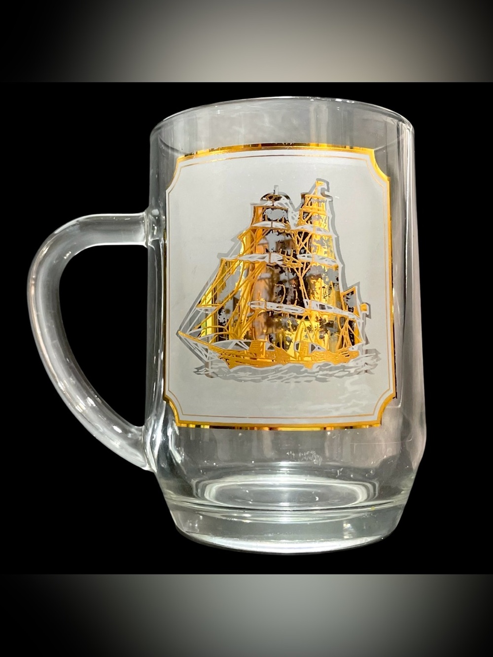 Vintage 1970s Luminarc France Clear Glass Beer Stein Golden Clipper Ship Design